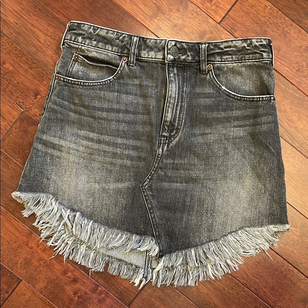 NWOT We The Free Maverick Black Denim Jean Fringe Hem Skirt 28
